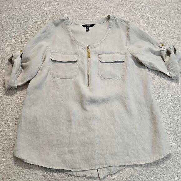 Ellen Tracy 100% Linen Tunic Top 1/2 Zip 3/4 Roll Tab Sleeve Size L Beige - Picture 1 of 12